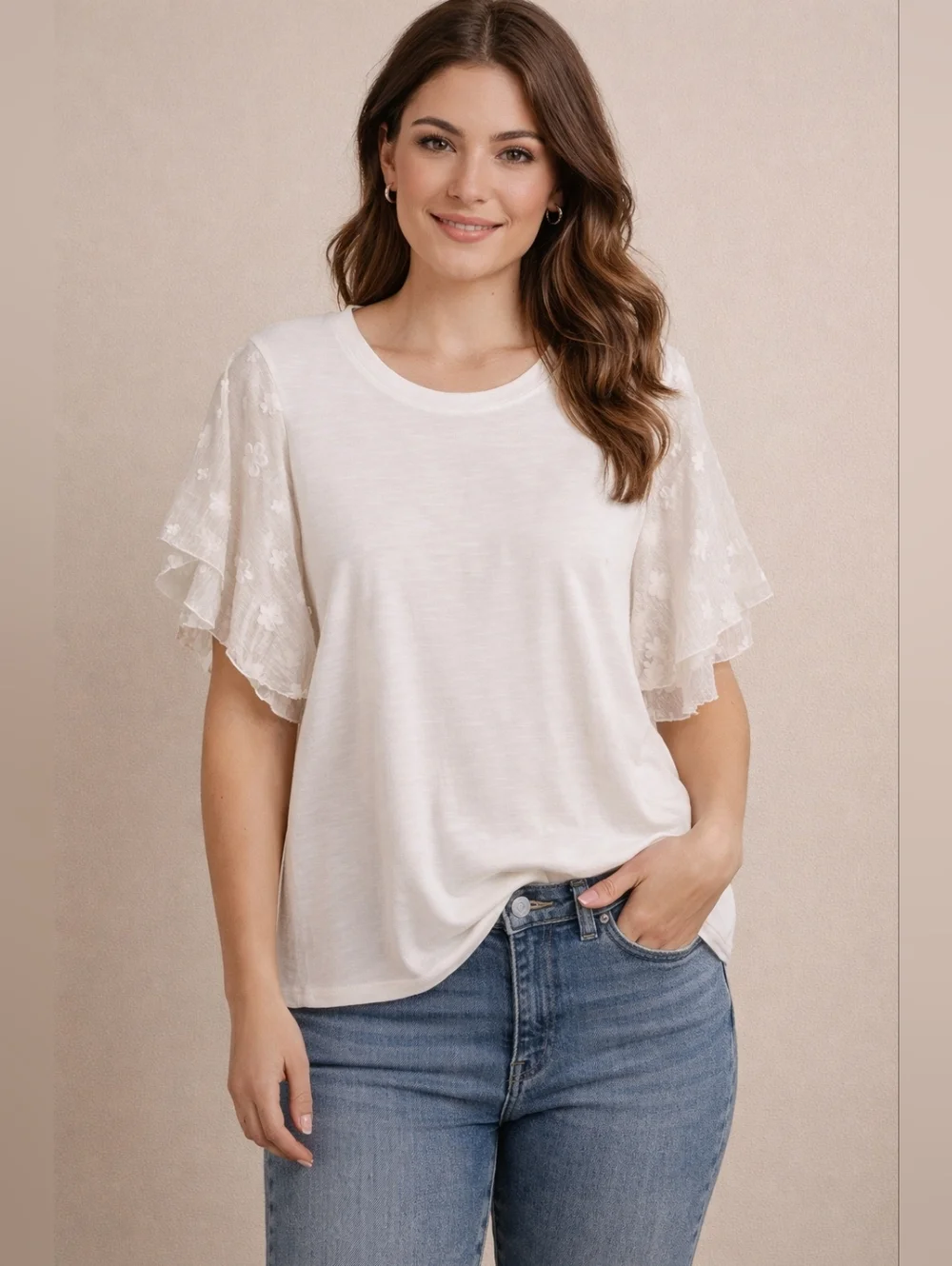 Anthropologie Eri and Ali Floral Sleeve Top White Women's Size Large